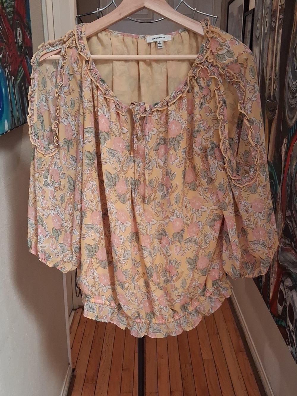 Max Studio  Yellow Floral Peasant Blouse with Pink & Sage Accents